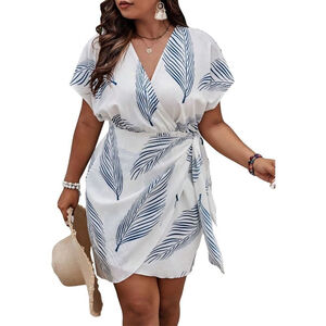 NEW Tropical Print V Neck Wrap Tie Side Short Sleeve Mini Dress 2X